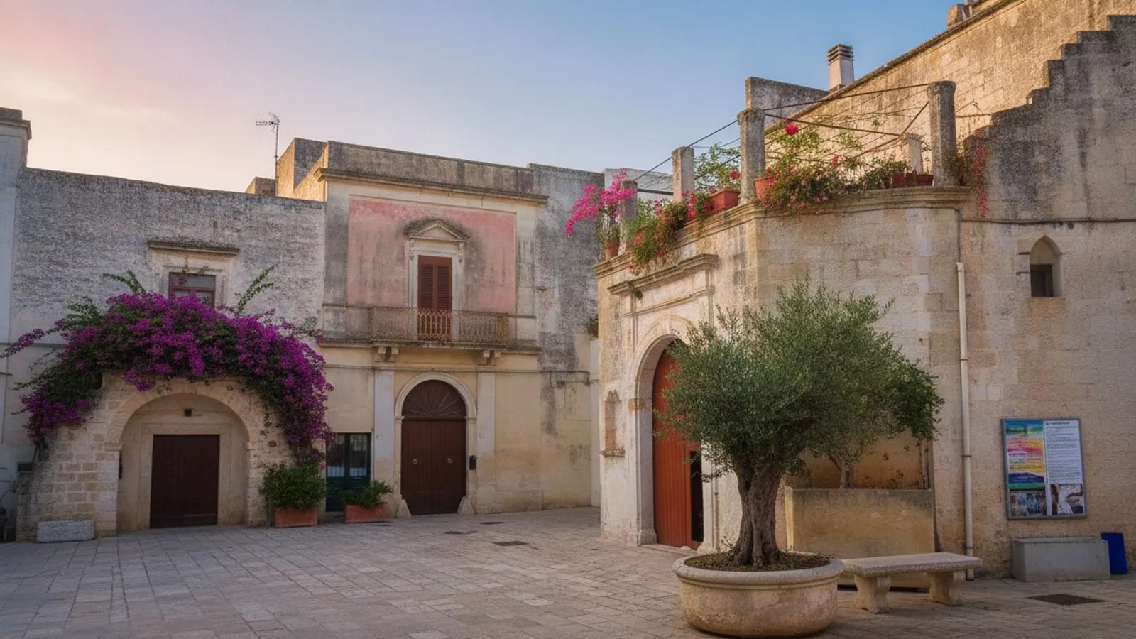 Una piazzetta del centro storico di Specchia con i palazzi in pietra leccese e le bouganville in fiore